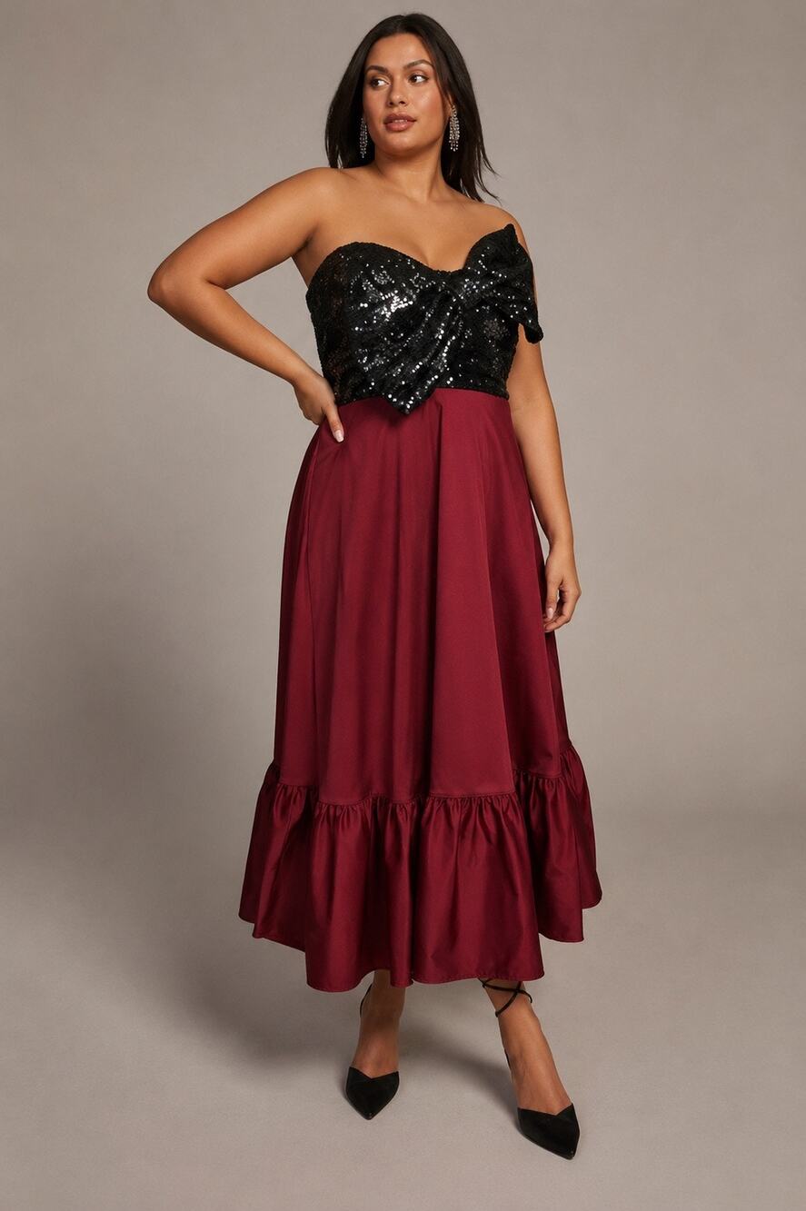 NEW Anthropologie Hutch Sequin Bow Midi Dress Burgundy Black Strapless 16W